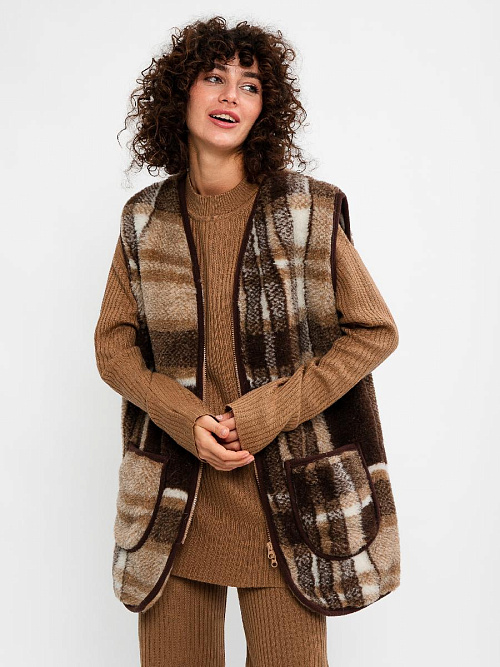 Жилет меховой из верблюжьей шерсти на молнии, рис. Клетка 